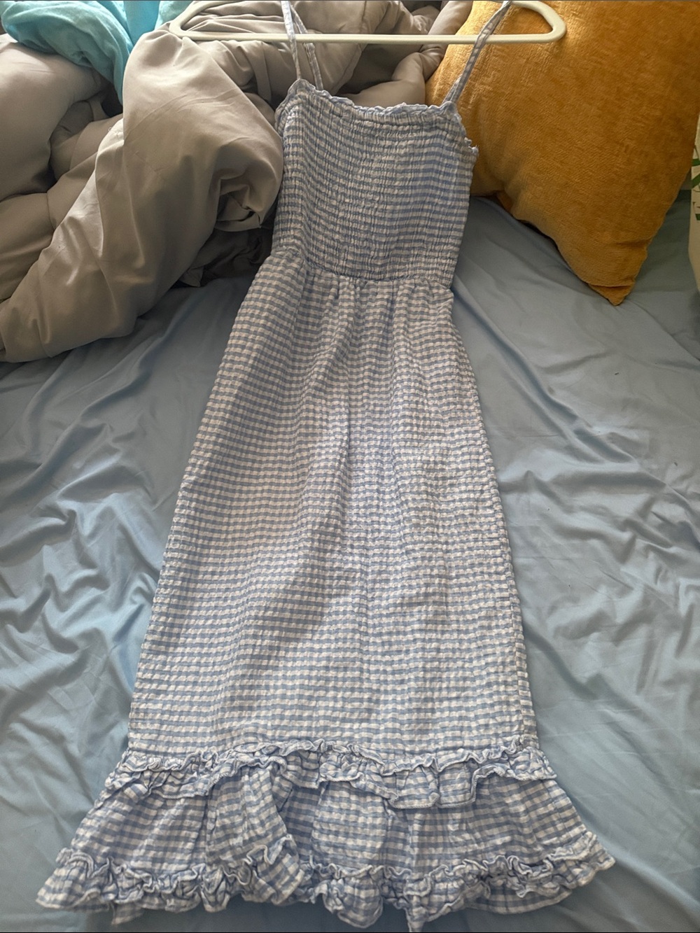 Classic Smocked Midi Dress in Light Blue Gingham